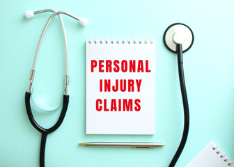On a blue background, a stethoscope and a white notepad with the red words PERSONAL INJURY CLAIMS.