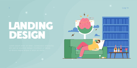 Brain of drunkard waking up with hangover. Man with headache after sleeping, bottles of strong alcohol or liquor flat vector illustration. Alcohol, health concept for banner or landing web page