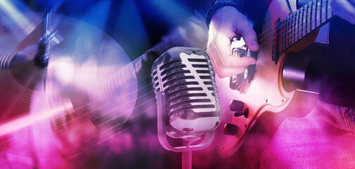 Creative banner design. Vintage microphone and man playing electric guitar, closeup