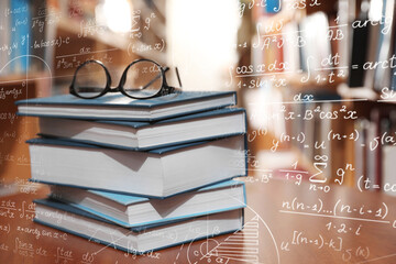 Science and education concept. Illustration of basic physics and mathematics formulas and stack of books with glasses on table in library - obrazy, fototapety, plakaty