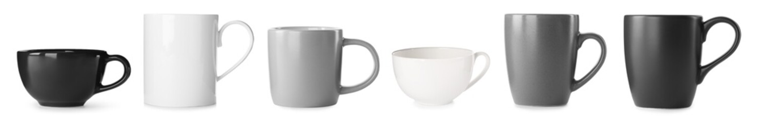Set with different beautiful cups on white background. Banner design