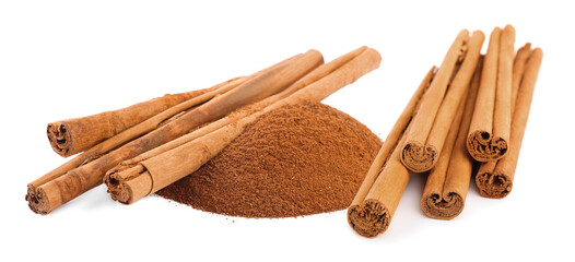 Aromatic cinnamon sticks and powder on white background. Banner design
