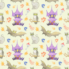 Watercolor seamless halloween pattern with haunted house,bat,gray cat,owl,fly agaric,autumn leaves and berries isolated on yellow background.Perfect for children textile,fabrics,wrapping.