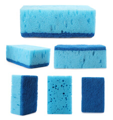 Set with cleaning sponges on white background - obrazy, fototapety, plakaty