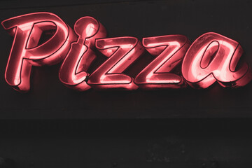 Neon signs vector. Pizza template neon sign, light banner, neon signboard, nightly bright advertising, light inscription. Vector illustration. 