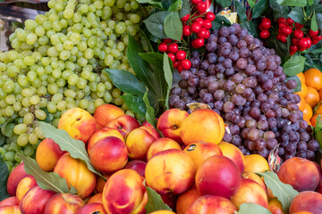 View of a beautiful multicolour assortment of ripe tropical fruits and berries in the market.Copy space