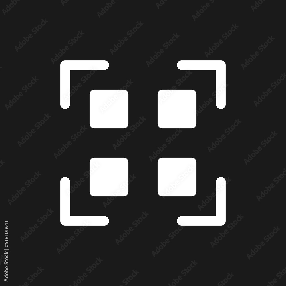 Poster scan qr code dark mode glyph ui icon. decode digital information. user interface design. white silho