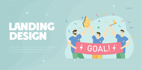 Fototapeta na wymiar Active fans cheering for favorite soccer team at match. Group of happy people holding banner with word goal flat vector illustration. Celebration, sports concept for website design or landing page