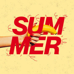 Colorful creative design with female hand holding banana over big summer lettering isolated on yellow background