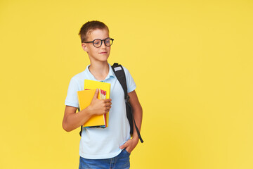 Portrait of a schoolboy in glasses with textbooks and a backpack on a yellow background. Back to...