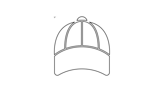 Black line Baseball cap icon isolated on white background. Sport equipment. Sports uniform. 4K Video motion graphic animation