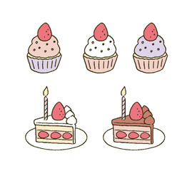 シンプルなタッチ　誕生日ケーキとカラフルなカップケーキのイラストレーションセット
