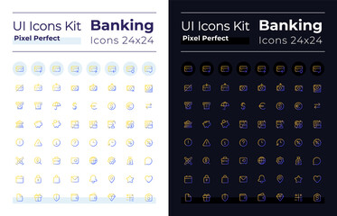 Banking pixel perfect gradient linear ui icons set for dark, light mode. Money transactions. Line contour user interface symbols. Modern style pictograms. Vector isolated outline illustrations