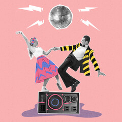Contemporary art collage. Creative design. Cheerful, stylish, young couple dancing on vintage music player isolated on pink background. Disco party