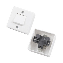 Built-in light switch with 1 key isolated on a white background. Photograph of the switch front and back.