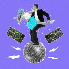 Contemporary art collage. Creative design. Passionate couple dancing tango at disco party isolated on blue background