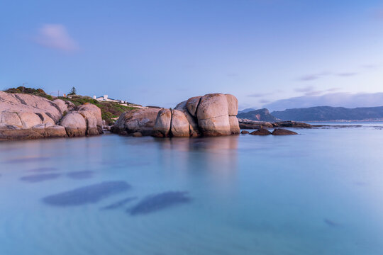 View of Windmill Beach at sunrise, Simonstown, Cape Town, South Africa.