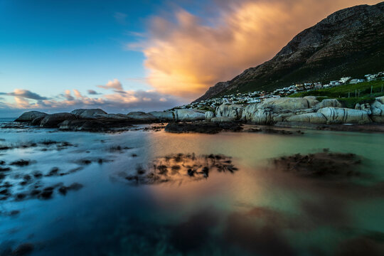 View of Windmill Beach at sunrise, Simonstown, Cape Town, South Africa.