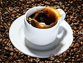 Zuckerwürfel fällt in eine Kaffeetasse umringt von Kaffeebohnen und verschüttet Kaffee