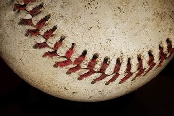 Fototapeta na wymiar Extreme close up of an old baseball that shows a lot of authentic wear and tear