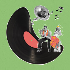 Contemporary art collage. Man and woman in vintage outfit dancing at giant vinyl record isolated on green background
