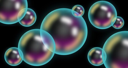 Soap bubbles in flight on a black background.  Illustration for background and wallpaper.