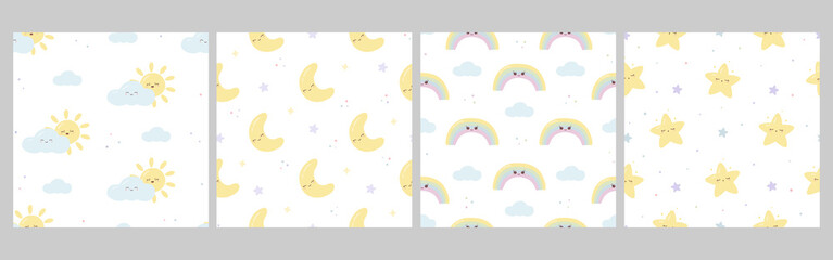 Collection of kids kawaii seamless patterns with funny star, rainbow, sun and cloud, moon. Cute prints for phone case, backgrounds, fashion, wrapping paper and textile. Vector Illustration