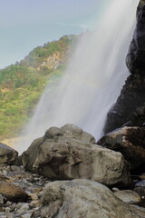 nuranang or jang waterfall, one of most popular place in tawang, located of himalaya mountain foothills in arunachal pradesh, north east india