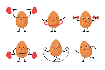Almond cartoon character exercising vector illustrations set. Collection of doodles of cute comic nut doing workout at gym isolated on white background. Sports, healthy lifestyle concept