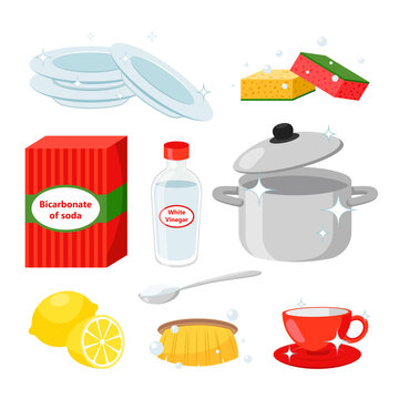 Soda, vinegar and clean dishes vector illustrations set. Box with bicarbonate of soda label, bottle of white vinegar, environmentally friendly home cleaning. Household or housekeeping concept