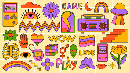 Set of hipster retro cool psychedelic elements. Collection stickers of groovy cliparts from the 70s 60s. Collage with trendy pop vibe with funky design element. Abstract background of cartoon sticker