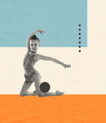 Creative design. Little girl, rhytmic gymnast training, exercising with ball. Drawn elements