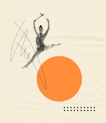 Creative design. One young graceful female rhythmic gymnast training, jumping with clubs. Drawn...