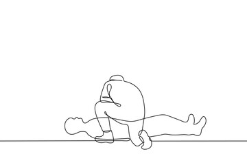 man bent over a lying person - one line drawing vector. concept rescuer checks person in a faint, passer-by bent over a fallen or asleep person, kneel before the dead