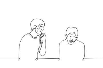 men laugh - one line drawing vector. concept friends laugh together