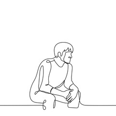 man sits leaning his elbows on his hips and looks into the distance - one line drawing vector. concept expectation, observation, contemplation, reflection