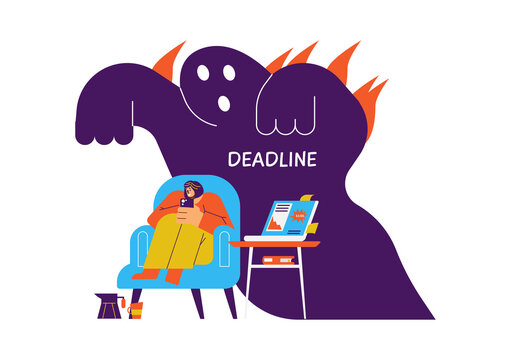 Burning deadline monster above procrastinating woman, flat vector illustration isolated on white background.