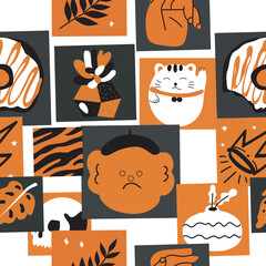 Seamless pattern from different simple pictures.  Vector illustration. Restrained color range. Suitable for any design. Transparent background