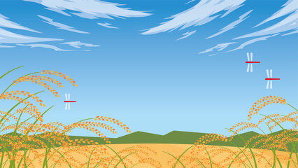 稲穂が揺れトンボが飛ぶ秋の田園風景(16:9) © tedybee