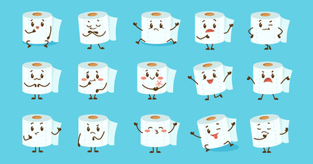 Emoticons with cute comic toilet paper vector illustrations set. Funny toilet roll for washroom cartoon character with different emotions isolated on blue background. Hygiene, emotions concept
