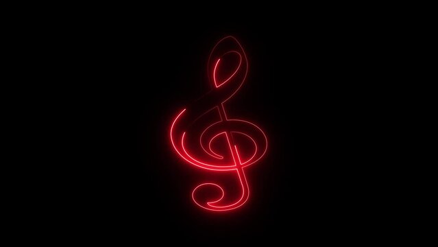 Music sign, symbol neon reveal glowing effect animation. Black background, copy space. Sign and symbols animation.