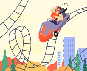Exited scared office man riding fast on roller coaster flat style, vector illustration - obrazy, fototapety, plakaty