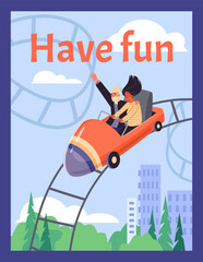 People riding roller coaster in amusement park, happy man and scared woman, poster template flat vector illustration.