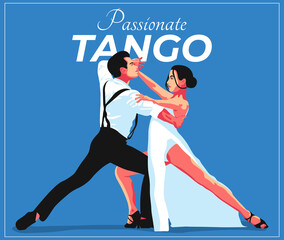Vector illustration of elegant young couple of man and woman dancing tango in flat minimalistic style. Advertisement of a dance studio, tango lessons, master classes, parties, events. Vintage poster. - obrazy, fototapety, plakaty