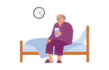 Upset elderly man sitting on bed with glass of water flat style