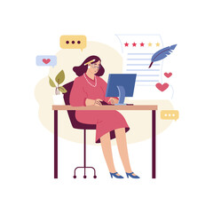 Smiling woman sits at computer and writes review flat style