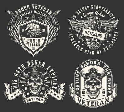 Military veteran set emblem monochrome