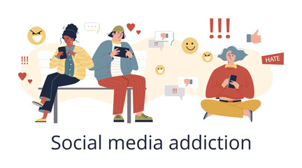 Social media addiction concept with people using smartphone, flat vector illustration on white.
