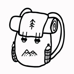 A tourist backpack with pockets for water and an image of mountains and a Christmas tree. Hand drawn vector illustration. Element for greeting cards, posters, stickers and seasonal design. 