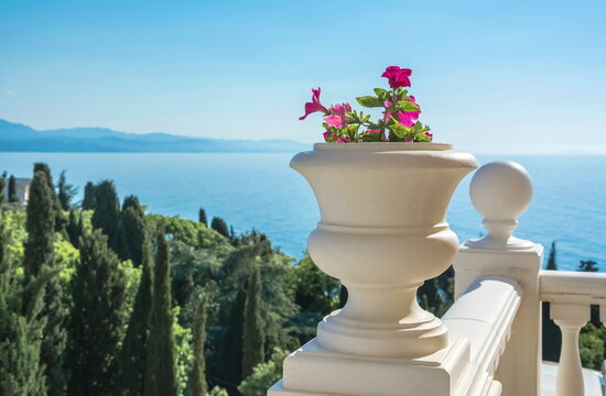 Beautiful white balcony with flowers overlooking the park, sea and mountains